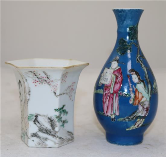 A Chinese blue ground famille rose bottle vase and a mug, c.1900-10, 18.5cm